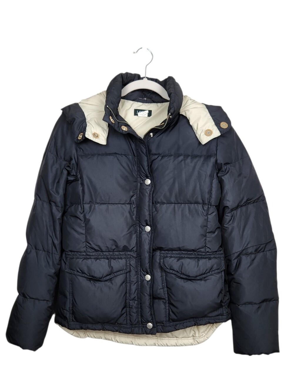 J. Crew Vintage Black Down Puffer Jacket Removable Hood Winter Womens Size XS